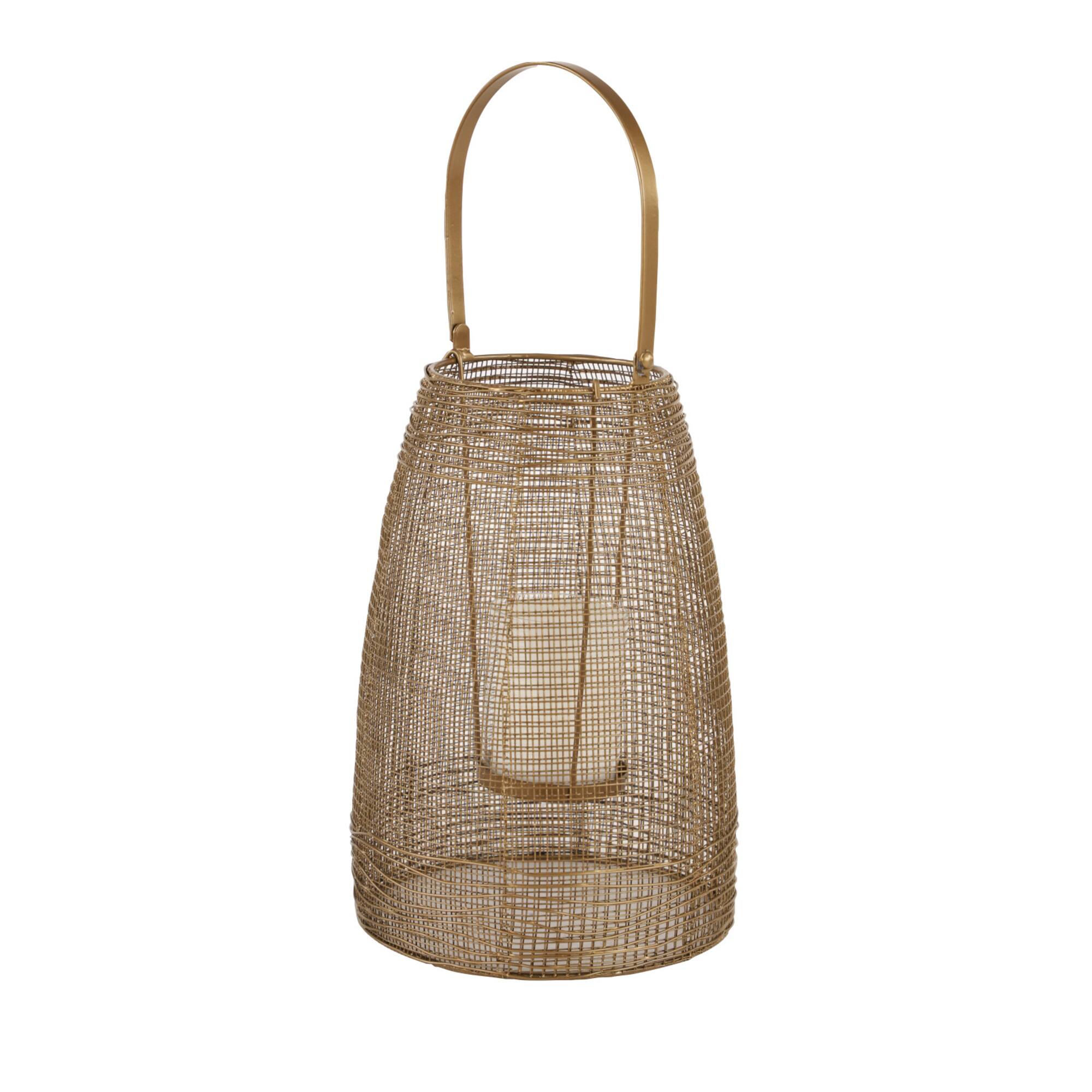 Gold Iron Modern Candle Holder Lantern, 16" x 9" x 9"